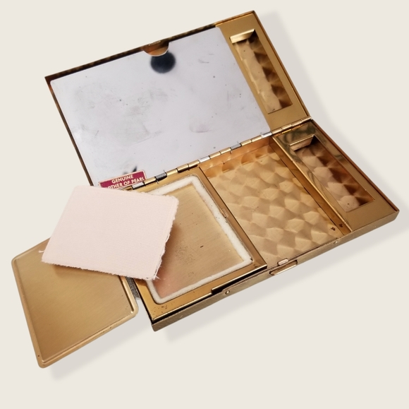 Vintage Mid Century Suede Mother of Pearl Make Up Case Clutch Compact Duo - Picture 9 of 14